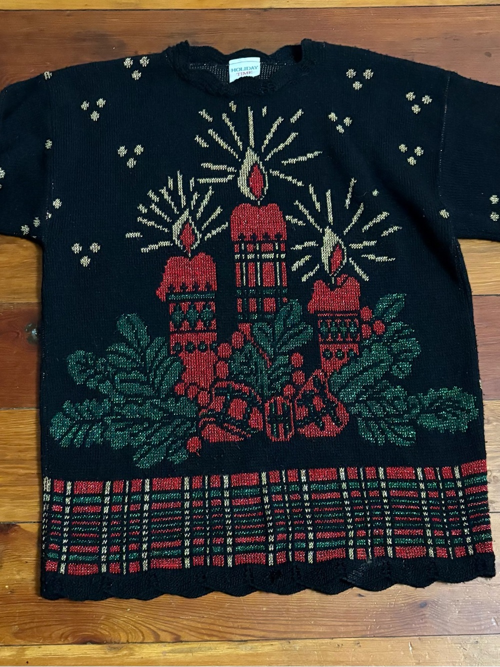 Holiday Time Black Knit Candle & Green Foliage Holiday Sweater Size Small